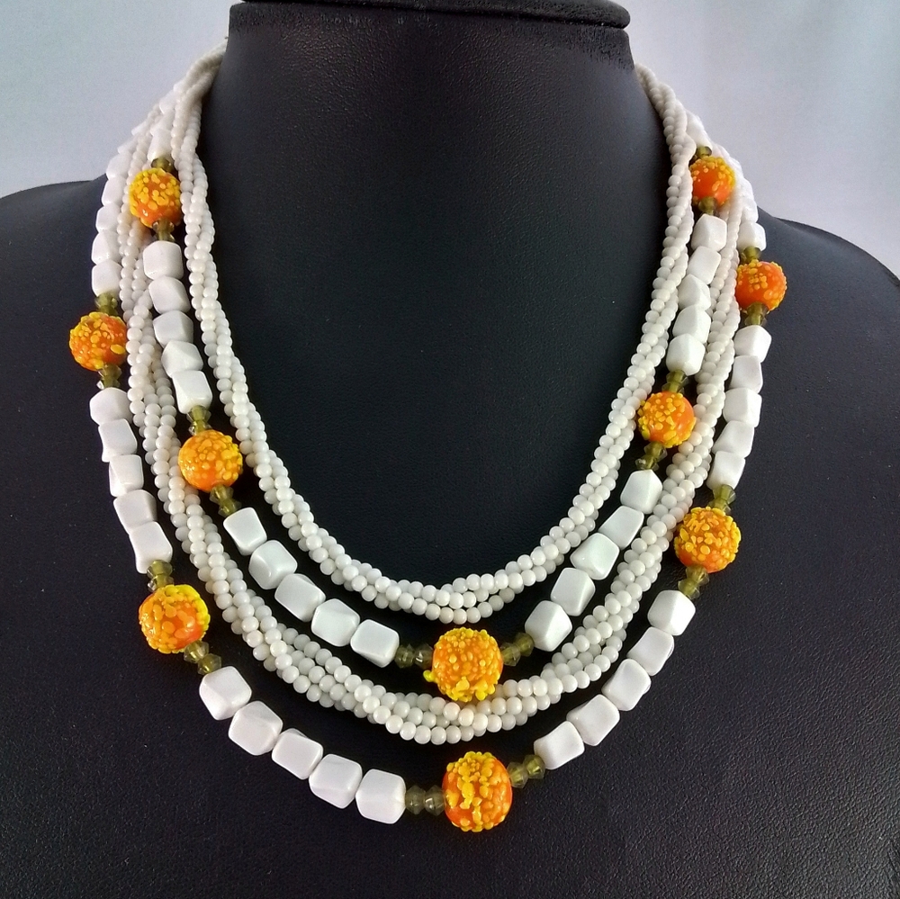 Vintage 4 Strand White and Orange Glass Beaded Choker Necklace Japan